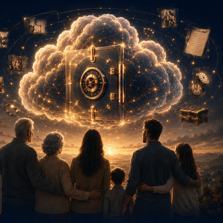 An illustration of a family looking towards a glowing cloud vault at sunset.